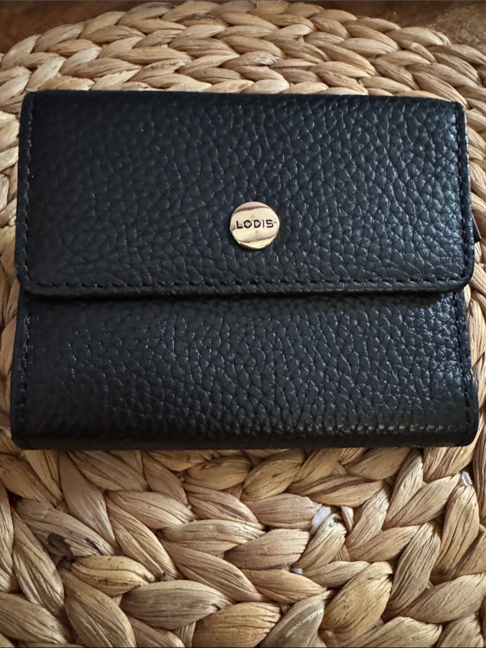 Lodis Black Pebbled Leather Small Snap Wallet with Gold Logo